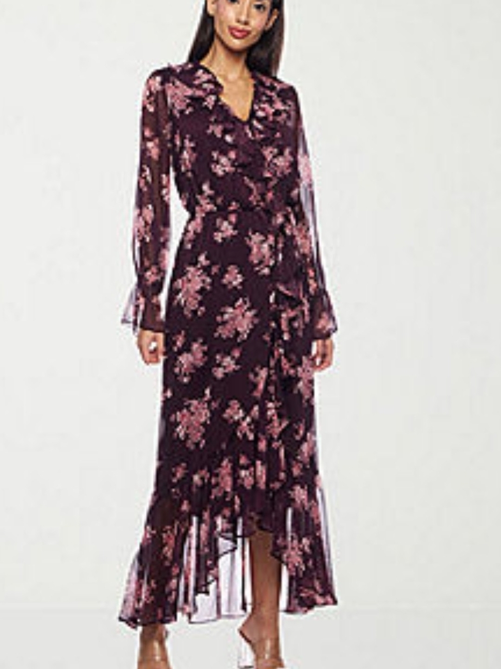 Women’s Plum Floral High-Low Wrap Dress with Pink Blossoms